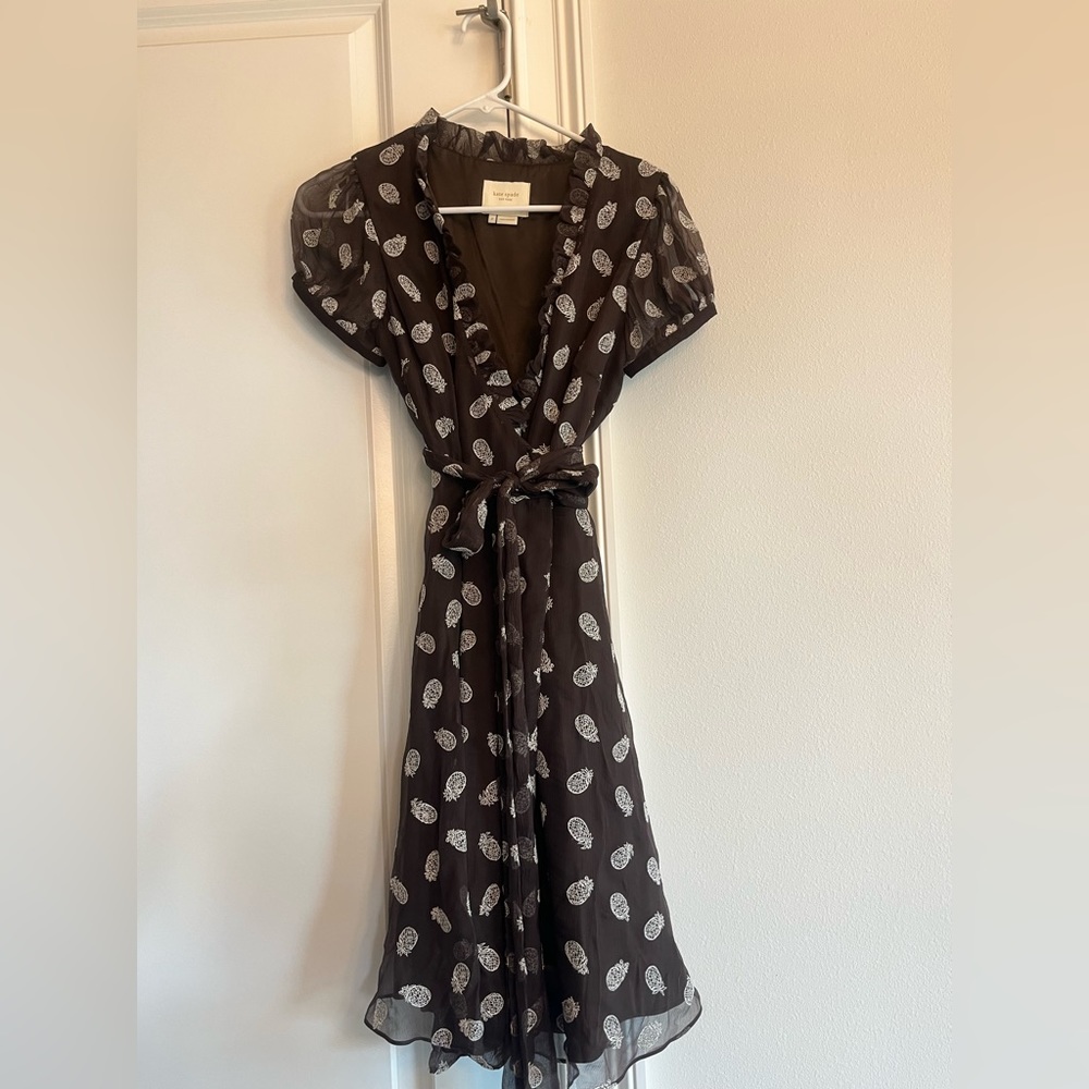 Kate Spade Brown Silk Wrap Dress Pineapple Embroidery, Size 2